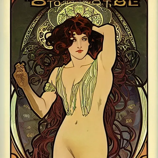 Image similar to female occult detective, painted by alphonse mucha