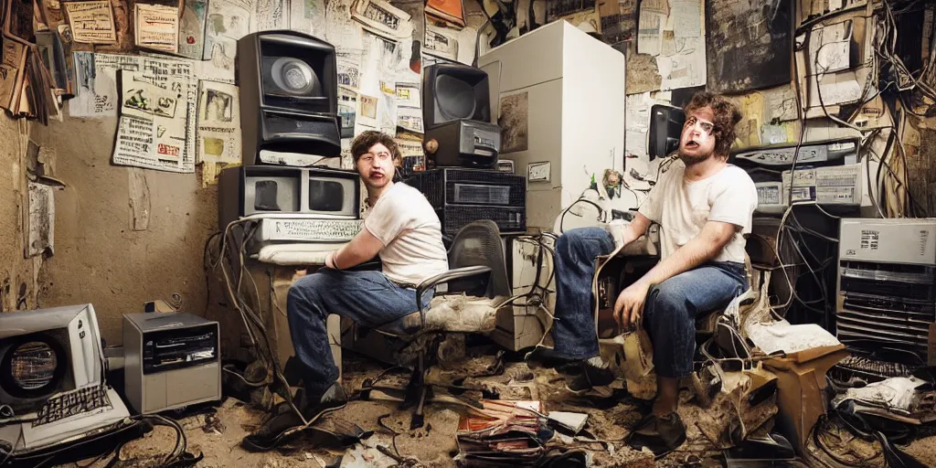 Prompt: typical cryptocurrency nerd, sitting in front of old 9 0's computer, shilling, crt tubes, cables everywhere, damp basement decay, bitcoin poster in background, fat and dirty, scruffy looking, claustrophobia, humidity mold, award - winning photomanipulation