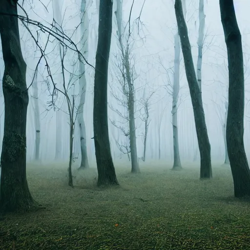 Prompt: A photograph of a strange forest with trees made of feathers, in fog