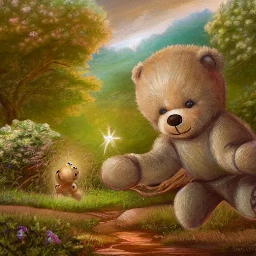 Prompt: breathtaking detailed concept art painting of a teddy bear chasing will-o-wisp in the garden, orthodox saint, ornate background