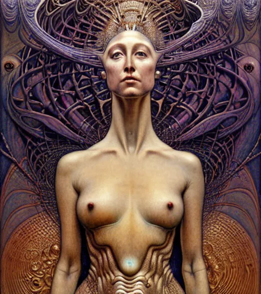 Image similar to detailed realistic beautiful young cher alien robot as queen of mandelbulb portrait by jean delville, gustave dore and marco mazzoni, art nouveau, symbolist, visionary, baroque. horizontal symmetry by zdzisław beksinski, iris van herpen, raymond swanland and alphonse mucha. highly detailed, hyper - real, beautiful