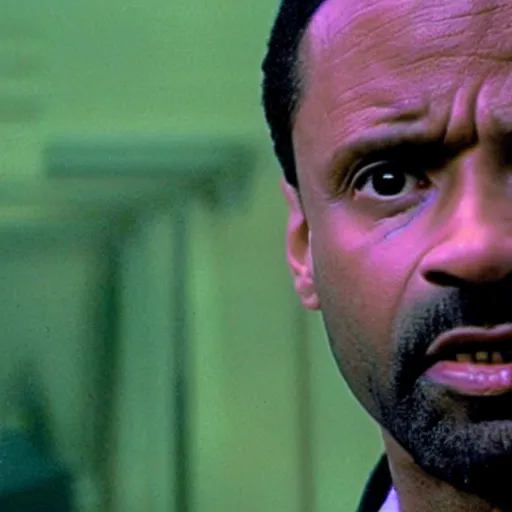 Prompt: a film still of Mike Epps starring in The Matrix (1999), close up, shallow depth of field