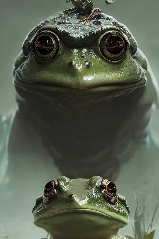 Prompt: a fancy portrait of a frog by Greg Rutkowski, Sung Choi, Mitchell Mohrhauser, Maciej Kuciara, Johnson Ting, Maxim Verehin, Peter Konig, Bloodborne , 8k photorealistic, cinematic lighting, HD, high details, atmospheric , trending on artstation