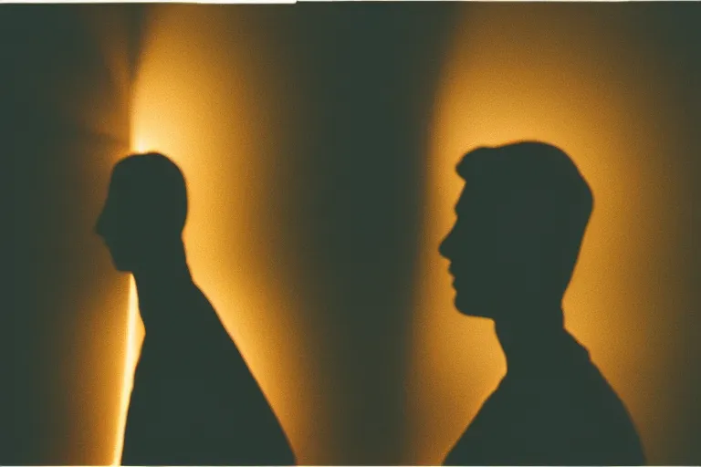 Image similar to backlit photograph of black box blasting weird energy into suburban living room, single silhouette figure, crisp focus, 3 5 mm ektachrome