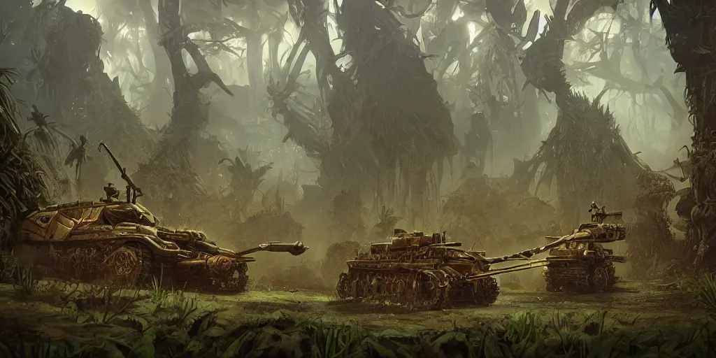 Image similar to guerrillas reed - people fighting giant tank in futuristic spiritual mystical post apocalyptic swampy forest drawn by ron gilbert, dim painterly volumetric aquatic lighting, scenic, beautiful, crisp, artstation, highly detailed