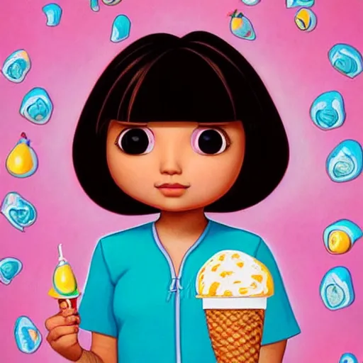 Image similar to portrait of dora the explorer as real girl holding ice cream, detailed, intricate complex background, Pop Surrealism lowbrow art style, mute colors, soft lighting, by Mark Ryden and mucha, artstation cgsociety