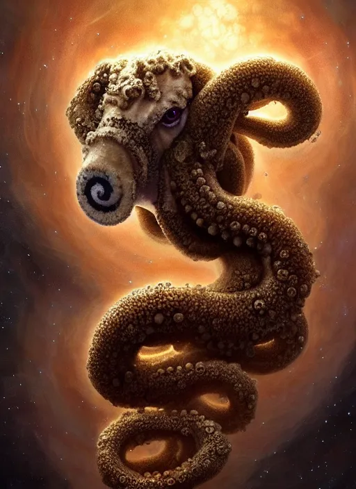 Prompt: a tentacled sheep floating through space, cosmic horror painting, elegant intricate digital painting artstation concept art by mark brooks and brad kunkle extreme detail 4 k