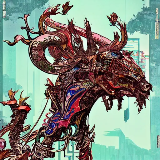 Image similar to cyberpunk oimmortal beast from chinese mythology cyborg portrait, illustration, pop art, splash painting, art by geof darrow, ashley wood, alphonse mucha, makoto shinkai