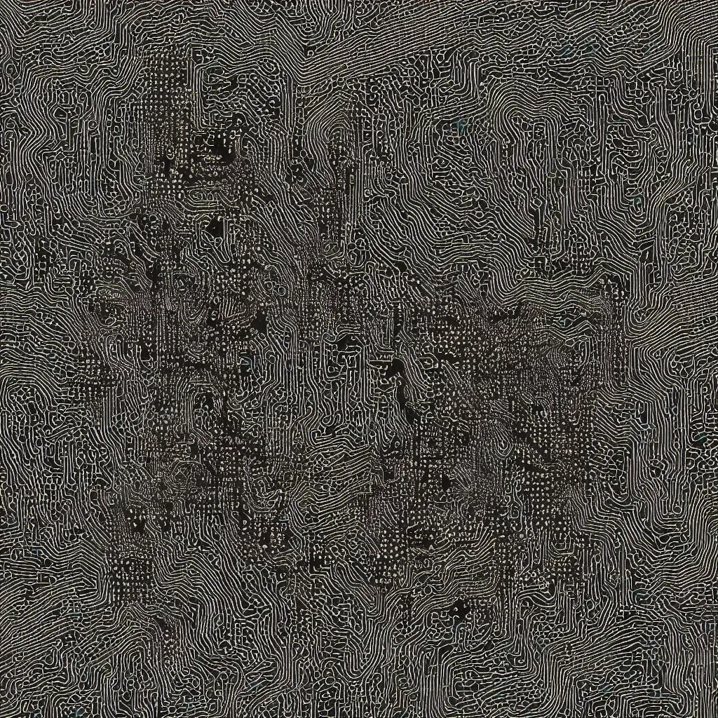 Image similar to toads, toad, ascii, mechanical artwork, technical, abstract, acrylic, oil, circuit board, clay, lines, vektroid, dots, drips, dimensions, tears, leaks, glitches, geometry, data, datamosh, motherboard, minimal, vinyl, code, cybernetic, painting, dark, eerie, cyber