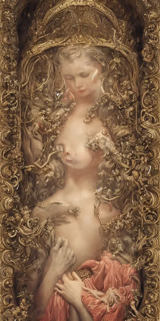 Image similar to a stunning and noble highly detailed romantic period style painting of the place where gods come into being by james jean, josep tapiro baro and harles sillem lidderdale, trending on artstation, oil painting masterpiece, symmetry, rule of thirds, mysterious