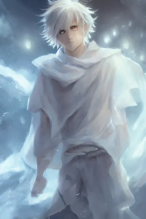 Image similar to anime young boy with short wavy white hair wearing white clothes with short cape surrounded by light orbs, moody, wlop, concept art, digital painting, trending on artstation, highly detailed, epic composition, 8 k uhd