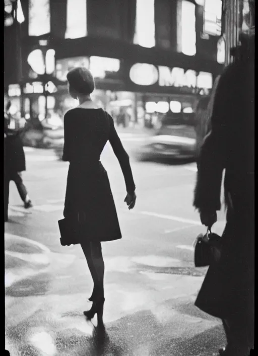 Prompt: analog film photography of a woman on madison avenue, new york city 1 9 6 3. by vivian maier. american street photography, candid, marquee lights glow in the background, 3 5 mm lens, kodak brownie camera, in - frame