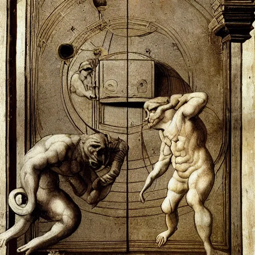 Prompt: photo - realism, space monkey and astronaut opening door that shows space and time created by davinci with extra detail, epic.