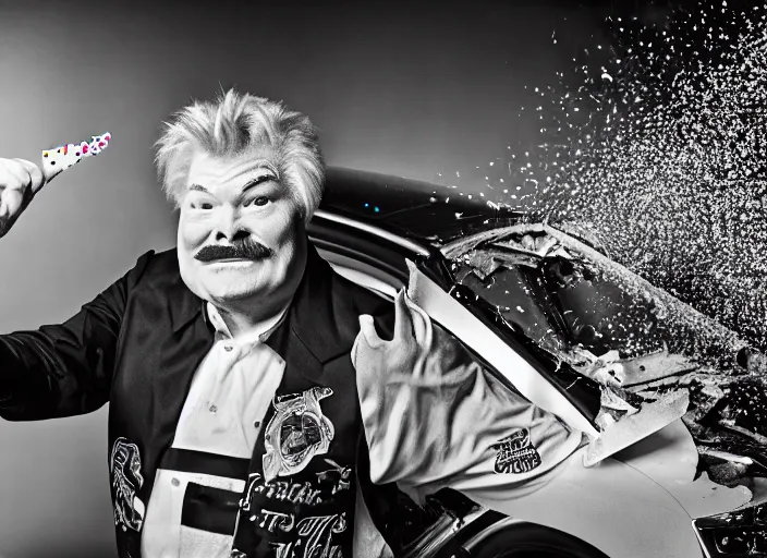 Image similar to photo still of rip taylor at a car accident scene!!!!!!!! at age 5 4 years old 5 4 years of age!!!!!!! throwing confetti from a bucket, 8 k, 8 5 mm f 1. 8, studio lighting, rim light, right side key light