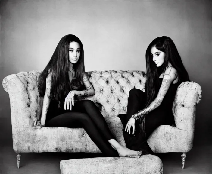 Image similar to award winning photo of Ariana Grande together with Megan Fox sitting on a chesterfield lounge, symmetrical face, wide shot by Sally Mann & Arnold Newman,