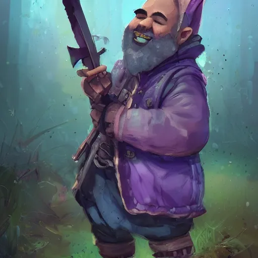 Image similar to male gnome youth adventurer with purple skin, by Ismail Inceoglu, wearing leather adventuring clothes, shabby, short, kid, bald, wielding knife, happy grin, character portrait closeup, digital art, dungeons and dragon, character