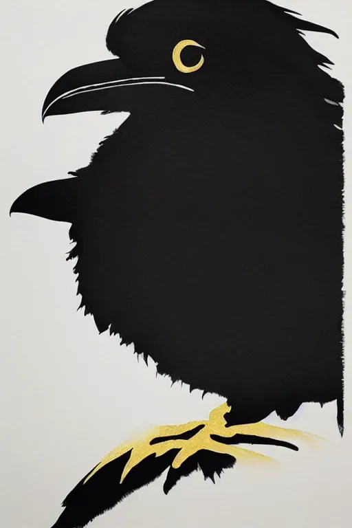 Prompt: beautiful serene smart raven, healing through motion, minimalistic golden ink airbrush painting on white background, studio ghibli