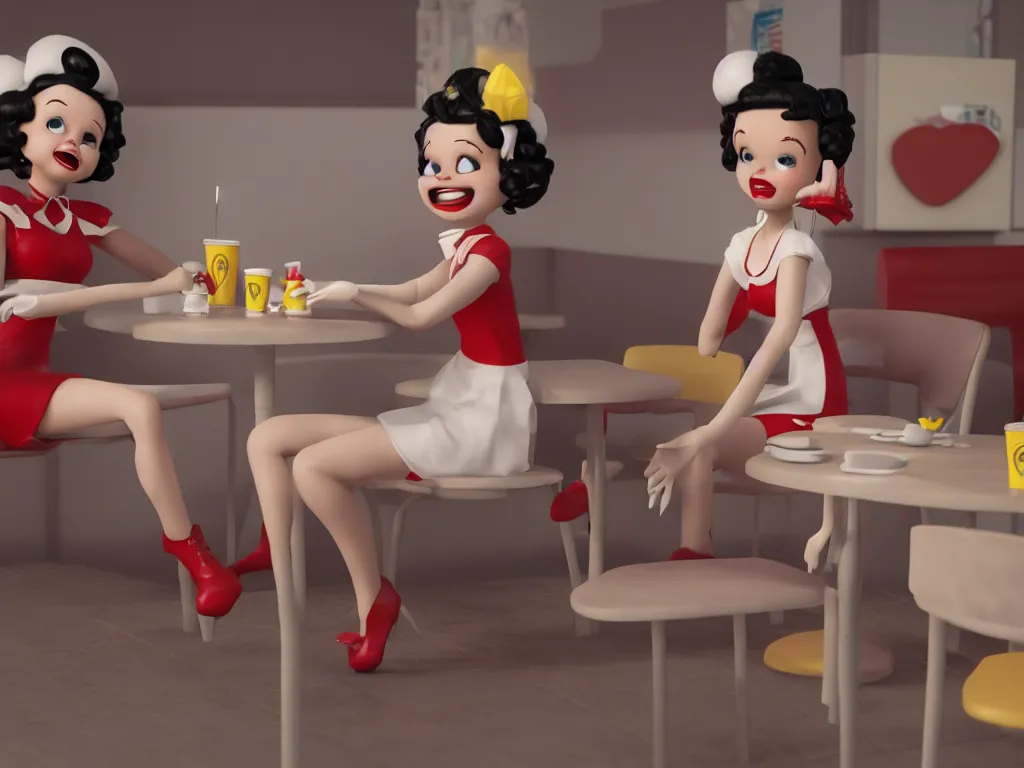 Prompt: anthropomorphic life size Betty Boop in Mc Donalds, real hair, dimly lit, liminal space, photorealistic, unrealengine octane 3d render