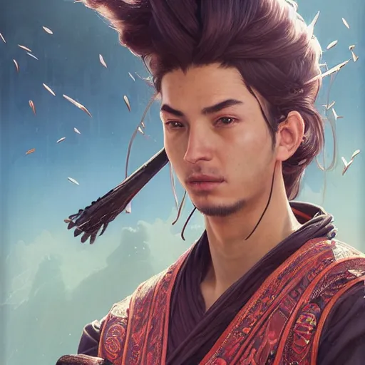 Image similar to Hyper realistic detailed portrait of !!!!!!Kurdish samurai, Stephen Bliss, unreal engine, fantasy art by Greg Rutkowski, Loish, Rhads, ferdinand knab, Makoto Shinkai and Lois van baarle, ilya kuvshinov, rossdraws, Tom Bagshaw, alphonse mucha, global illumination, radiant light, detailed and intricate environment, highly detailed, award winning art