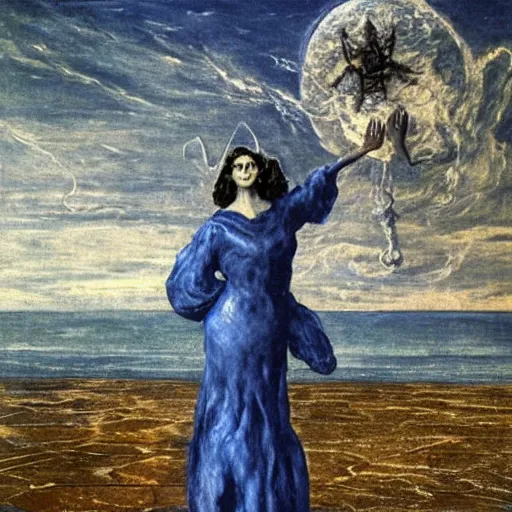 Prompt: old wrinkled witch! levitating over the sea. El Greco, Remedios Varo, Salvador Dali, Carl Gustav Carus, John Atkinson Grimshaw. Blue tint. Symetrical, logo, geometric shapes.