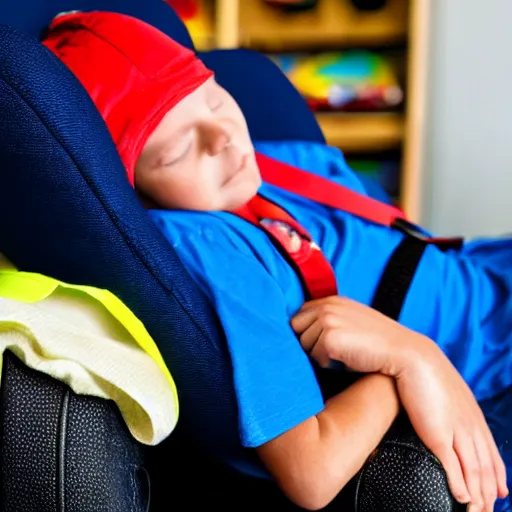 Image similar to small firefighter sleeping on a blue reclining chair