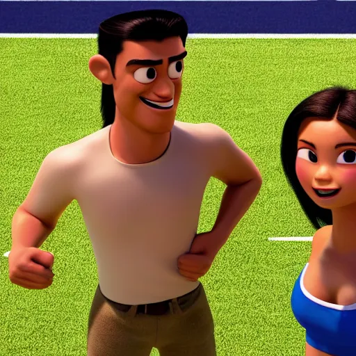 Image similar to young beautiful athletic Filipino woman with long hair standing beside a handsome caucasian athletic thin man with short buzzed hair, high widows peak, stubble on his face, blue eyes, depicted as Pixar characters, high quality cg render