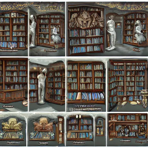 Image similar to store of figurines and statues and books, fantasy concept art