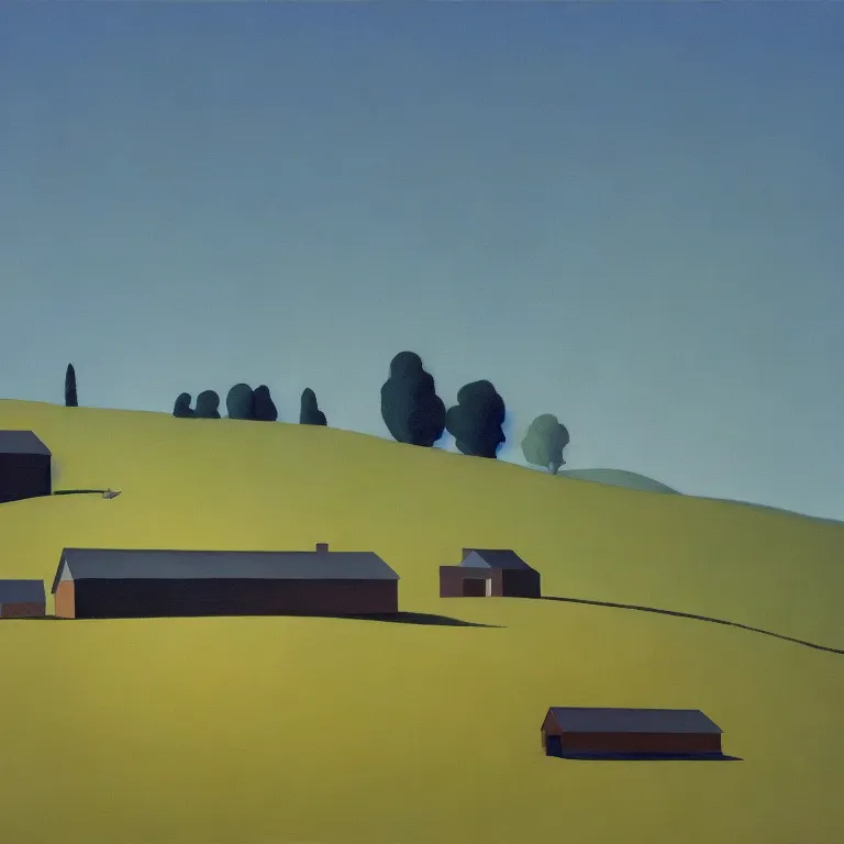 Image similar to dreaming futuristic rural landscape with modern houses, painted by Alex Katz, painted by Edward Hopper, airbrush