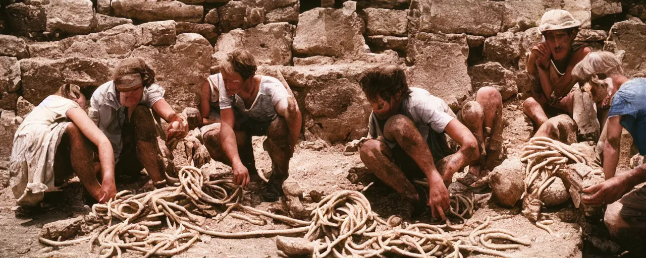 Prompt: archaeologists discovering ancient ruins of spaghetti, canon 5 0 mm, high detailed face, facial expression, cinematic lighting, photography, retro, film, kodachrome