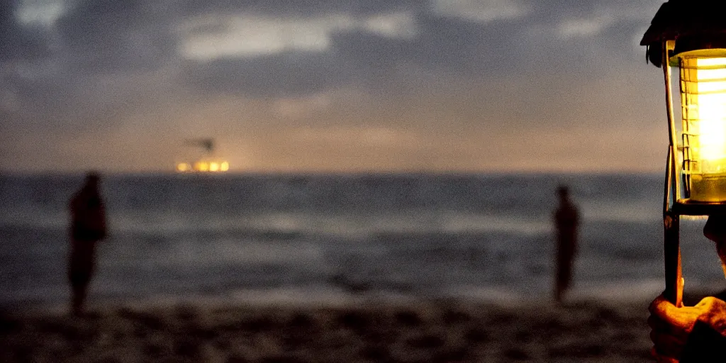 Image similar to film still of closeup old man holding up lantern by his beach hut at night. pirate ship in the ocean by emmanuel lubezki