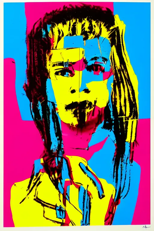 Prompt: cyborg girl in the style of andy warhol, jean michel basquiat and pablo picasso