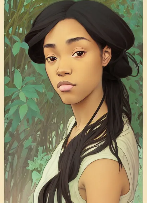 Image similar to pretty young black woman with shoulder length hair, path traced, highly detailed, high quality, digital painting, by studio ghibli and alphonse mucha, leesha hannigan, makoto shinkai, disney