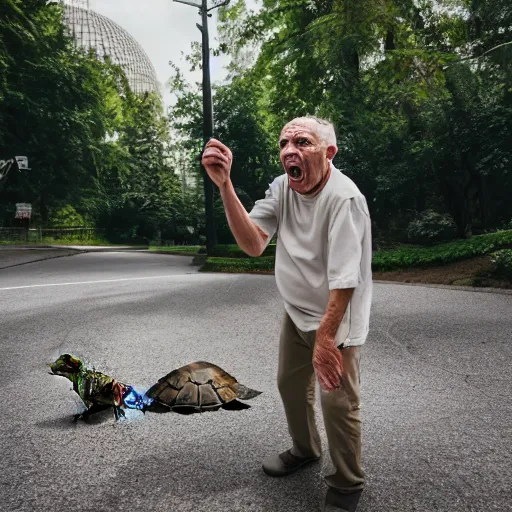 Prompt: elderly man screaming at a turtle, canon eos r 3, f / 1. 4, iso 2 0 0, 1 / 1 6 0 s, 8 k, raw, unedited, symmetrical balance, wide angle