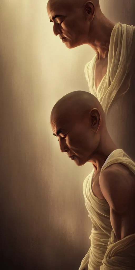 Image similar to portrait of a serene futuristic buddhist monk experiencing ego death, sunrise, heroic lighting, cyberpunk, intricate, elegant, highly detailed, lifelike, photorealistic, digital painting, artstation, illustration, concept art, smooth, sharp focus, art by John Collier and Albert Aublet, bright warm colour tone