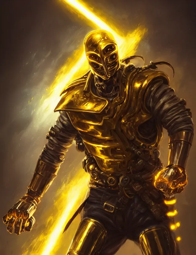 Image similar to a masked cyberpunk warrior in golden armour with a glowing golden gauntlet, surrounded by crackling golden lightning and energy, by frank fazetta and peter mohrbacher, trending on artstation, digital art, 4 k resolution, detailed, high quality, sharp focus, hq artwork, coherent, insane detail, concept art, character concept, character full body portrait