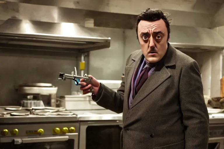 Image similar to a film still of Peter Serafinowicz as Derek Bum in the Warner Brothers movie Kitchen Gun, high quality