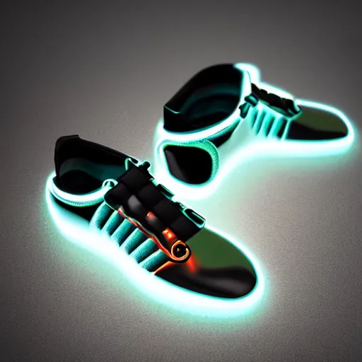 Image similar to high quality photorealistic octane 3 d render of bioluminescent sneakers floating in empty space, metallic laces, ribbed detailing, black base colour, flame pattern on lower. emissive, bloom, volumetric, ray - tracing, bjork