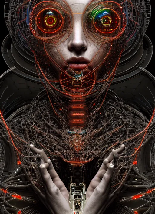 Image similar to timeless cybernetic deity with circuitry skin and networked mind tripping on acid, intricate detail, royo, whealan, giger, klimt, hd, octane render, unreal engine,