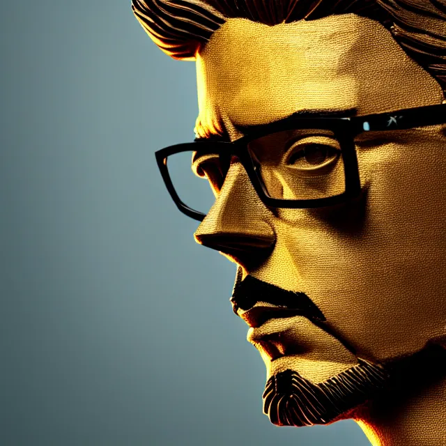 Prompt: portrait of tony stark statue, wearing glasses, double exposure tree bark, beautiful intricate painting, hyper realistic, studio lighting, octane render