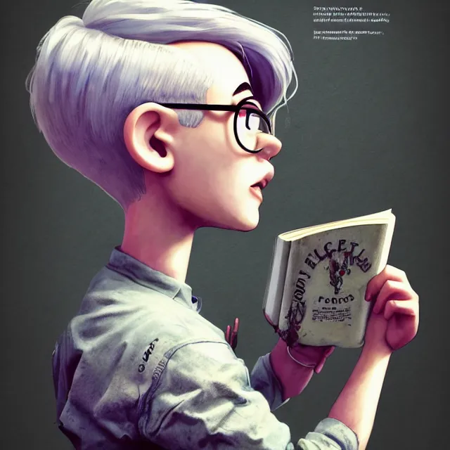 Image similar to full body pose, beautiful adult book fairy, pixar, short white hair shaved sides, dirty, grungy, grunge, long sleeve, painted overalls, stacks of giant books, highly detailed, 4 k, hdr, smooth, sharp focus, high resolution, award - winning photo, artgerm, photorealistic