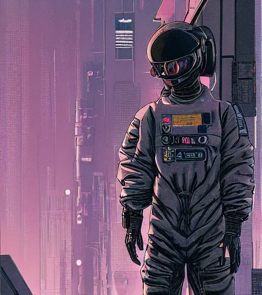 Image similar to cyberpunk japanese man with long limbs and a black spacesuit on a spacewalk, techwear, Industrial Scifi, detailed illustration, character portrait, by Martin Grip and Moebius