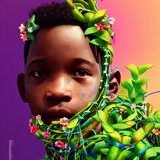 Prompt: colourful vfx art - portrait of nigerian boy wrapped in flowers & vines, art by hsiao - ron cheng & james jean - presented as magazine collage, volumetric light, colourful, sharp, detailed, digital painting, illustration, illustration, highly detailed, intricate detail, unreal engine, octae render, pinterest, behance, art station,