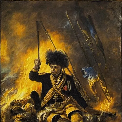 Prompt: Volodymyr Zelensky at war, dressed like Napoleon Bonaparte, sitting on the ground between dead corpses and weeping, holding a half burnt blue and yellow flag of Ukraine, in the style of Peter Paul Rubens