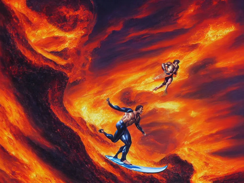 Prompt: detailed portrait of an arnold schwarzenegger surfing on lava wave by boris vallejo, stunning scene, 8 k, digital painting, hyperrealism, bright colors, trending on artstation