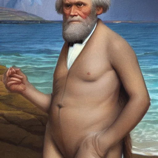 Image similar to charles darwin in a bikini realistic 4 k photograph