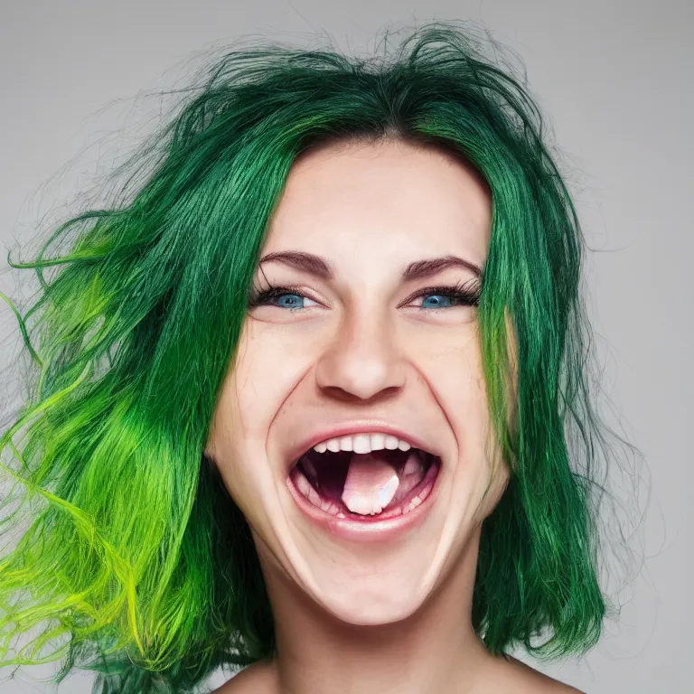 Prompt: a portrait image of a skinny 28 year old attractive woman with green hair and large striking bright yellow eyes, a large mouth and thick lips with a genuinely happy expression looking directly at the camera