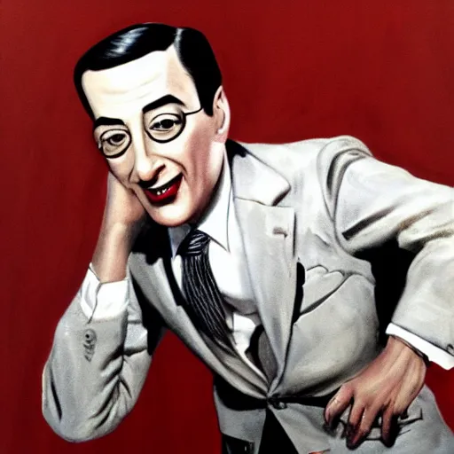 Image similar to pee wee herman as a serial killer. painting by frank frazetta, highly detailed, high quality, 8 k, soft lighting, realistic face, path traced