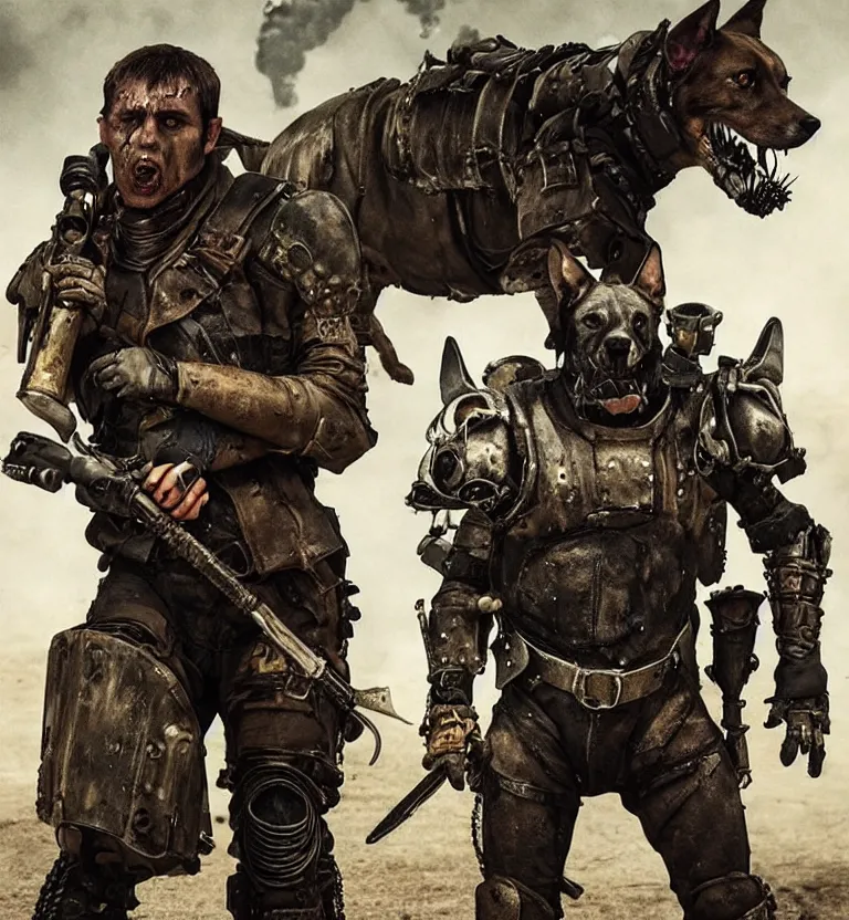 Image similar to a good ol'hound dog fursona ( from the furry fandom ), heavily armed and armored facing down armageddon in a dark and gritty version from the makers of mad max : fury road. witness me.