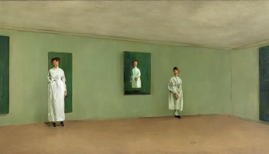 Image similar to painting by borremans, queen in light green hall with mirrors on the walls, detailed, stunning