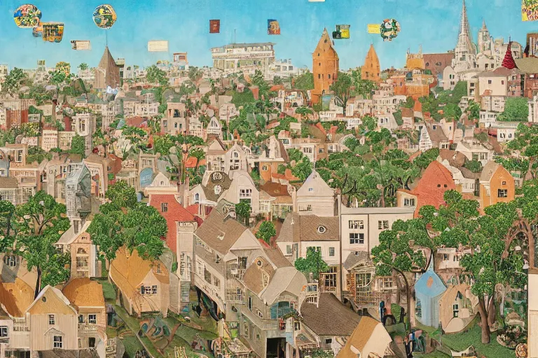 Prompt: an elaborate and dense painting of a peaceful neighborhood, detailed, made of alcohol ink on parchment and penned illustrations, by wes anderson and bosch and geoff darrow